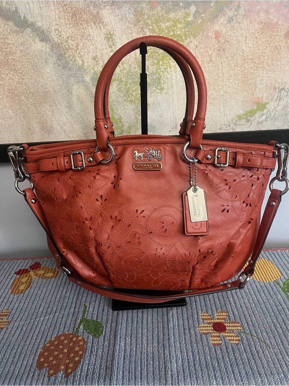 Coach Madison Tossed Lace Lindsey Orange Leather Satchel HTF